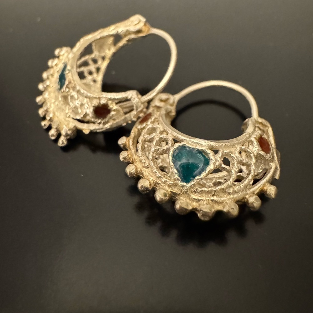 Filigree Hoop Earrings with Enamel Hearts